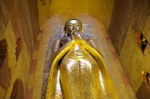 Two of the Buddha statues are original.  They are designed to make eye contact with the worshipper as he or she stares up from the base of the idol.